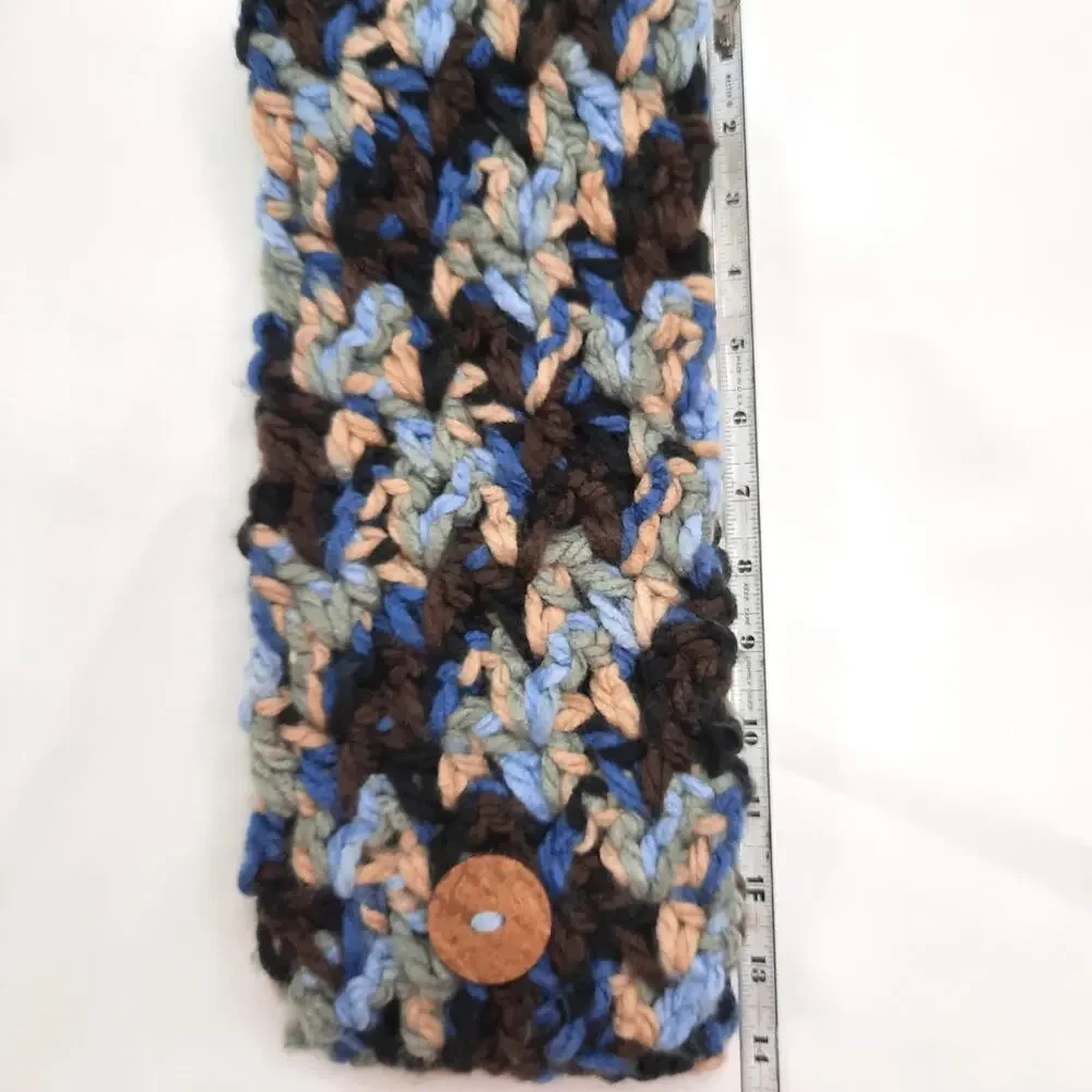 Handmade Chunky Crochet Scarf Blue Brown Cowl Rustic Wooden Button Closure NEW